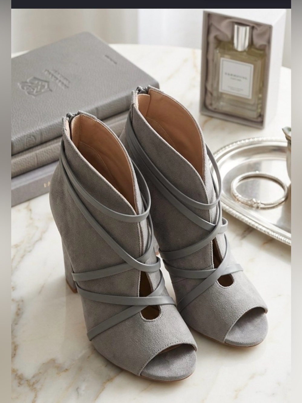 Journee Collection Gray Suede Open-Toe Strappy Block Heel Boots